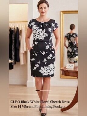 CLEO Black White Floral Sheath Dress Size 14 Vibrant Pink Lining Pockets